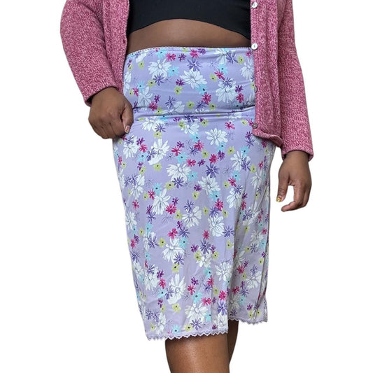 00s Purple Floral Midi Skirt
