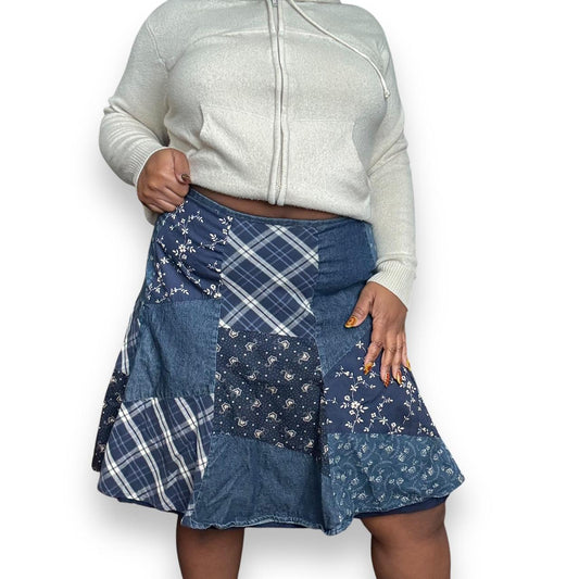 90s Plaid and Floral Patchwork Mini Skirt