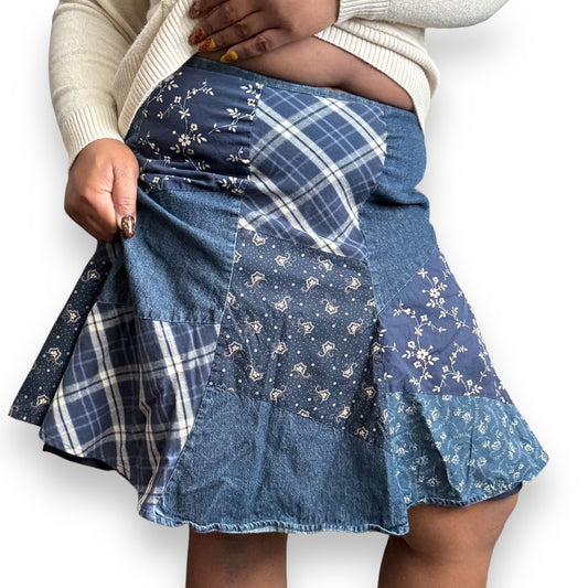 90s Plaid and Floral Patchwork Mini Skirt